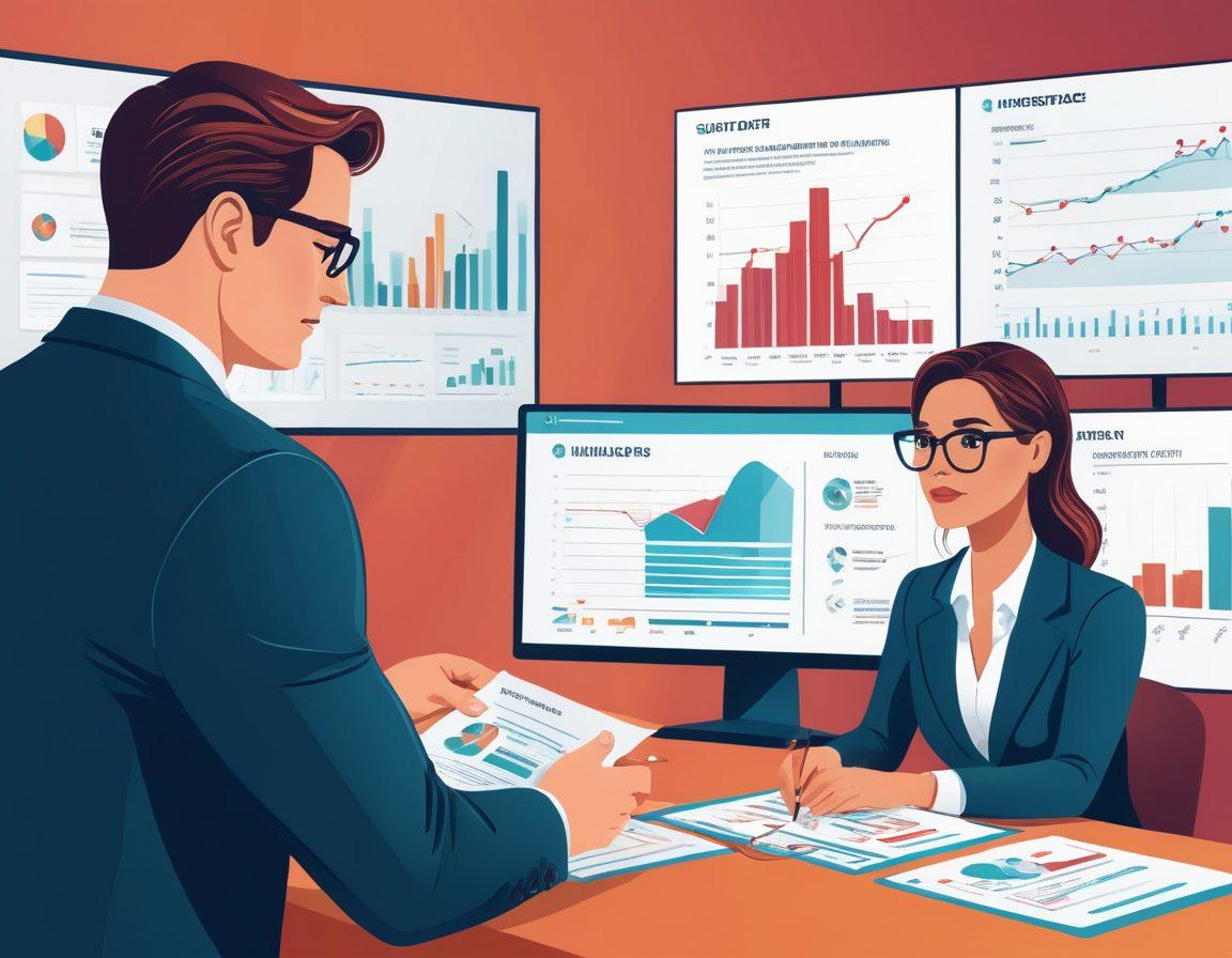 A split-screen illustration showcasing two scenarios: on one side, a professional analyzing risk data with graphs and charts, and on the other side, a friendly insurance agent assisting a client with documents. The background should include symbols of security (like a shield) and financial growth (like rising bars). The atmosphere should exude trust and clarity, highlighting both assessment and claims support. Vector art. vibrant colors.