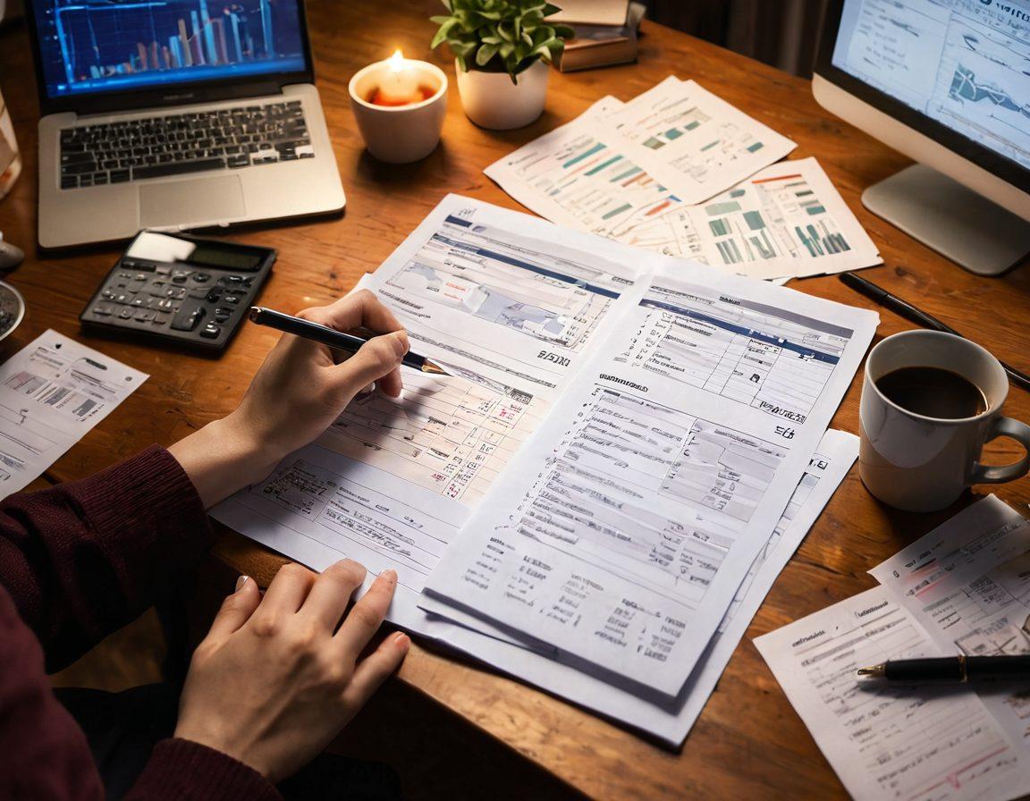 A person thoughtfully reviewing a variety of insurance policies and documents spread out on a table, surrounded by financial planning tools like a calculator, planner, and notepad, all under warm lighting that creates a cozy atmosphere. In the background, there is a digital screen displaying graphs and key insights related to insurance options. super-realistic. warm colors. cozy ambiance.