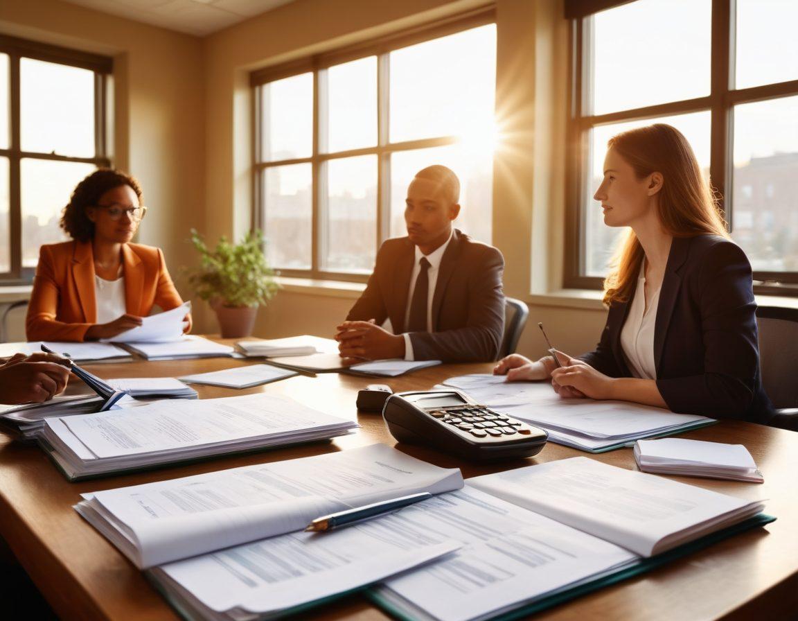 A serene scene depicting a diverse group of people discussing insurance options over a table filled with documents and calculators, reflecting a sense of community and trust. In the background, a warm, inviting office space with motivational quotes about financial security. Sunlight streaming through a large window, symbolizing hope and clarity in understanding insurance. super-realistic. vibrant colors. warm tones.